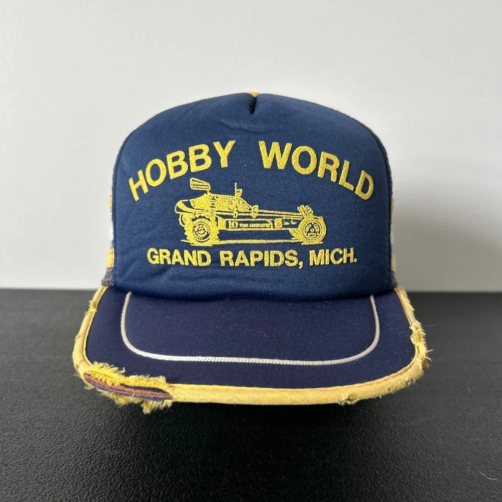 Vintage 80s Hobby World 3 Stripe Trucker Hat Cap Snap Back Adjustable Blue GR MI